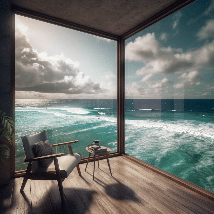 Taking a breakation at the ocean. Looking out the windows.