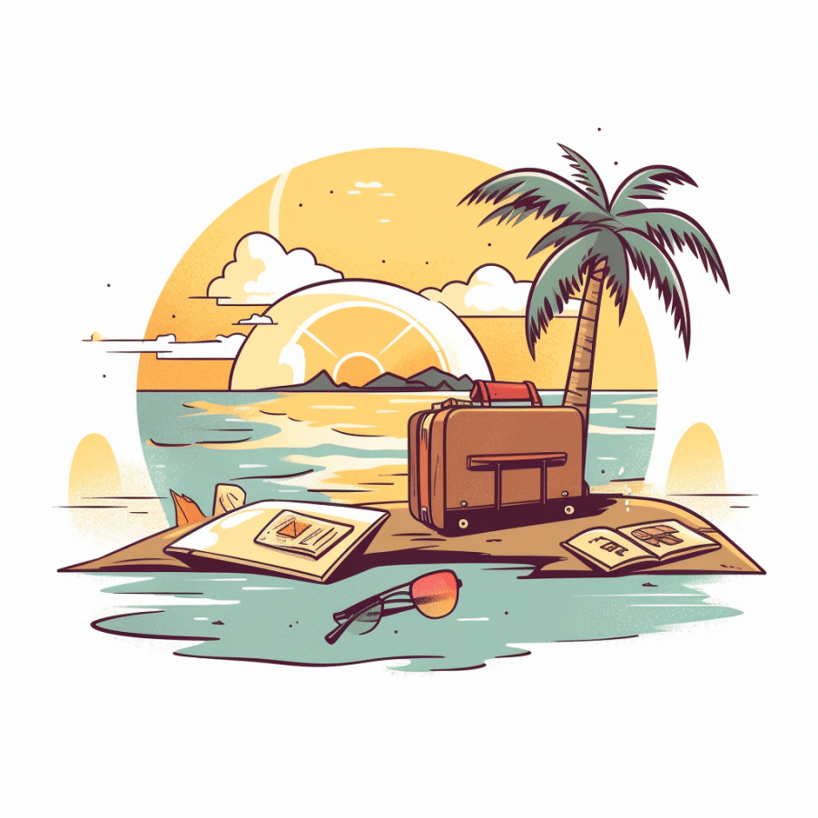 Taking a breakation at the beach - Clipart cartoon style. Sunset and suitcase with palm tree.